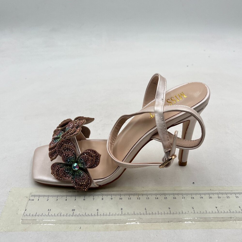 miss left Champagne Rhinestones Stiletto Heel with Strap Buckles Flower Sandals - Picture 2 of 8